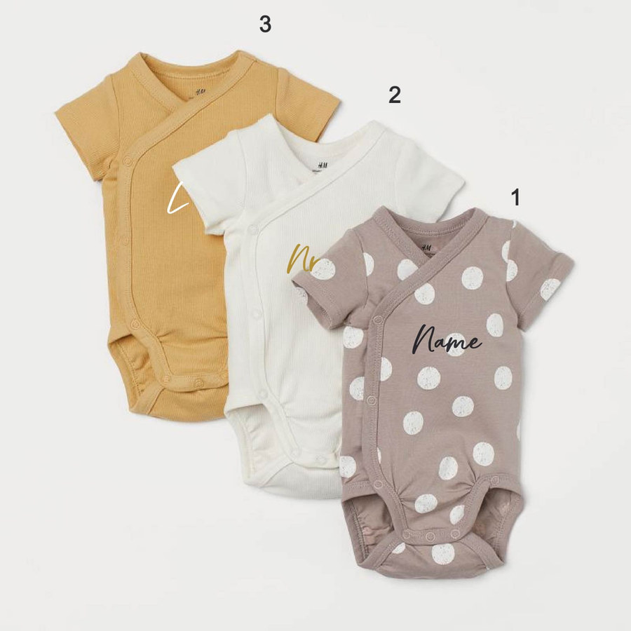 Custom Name on H&M 3-pack wrapover bodysuits -Greige/Spotted